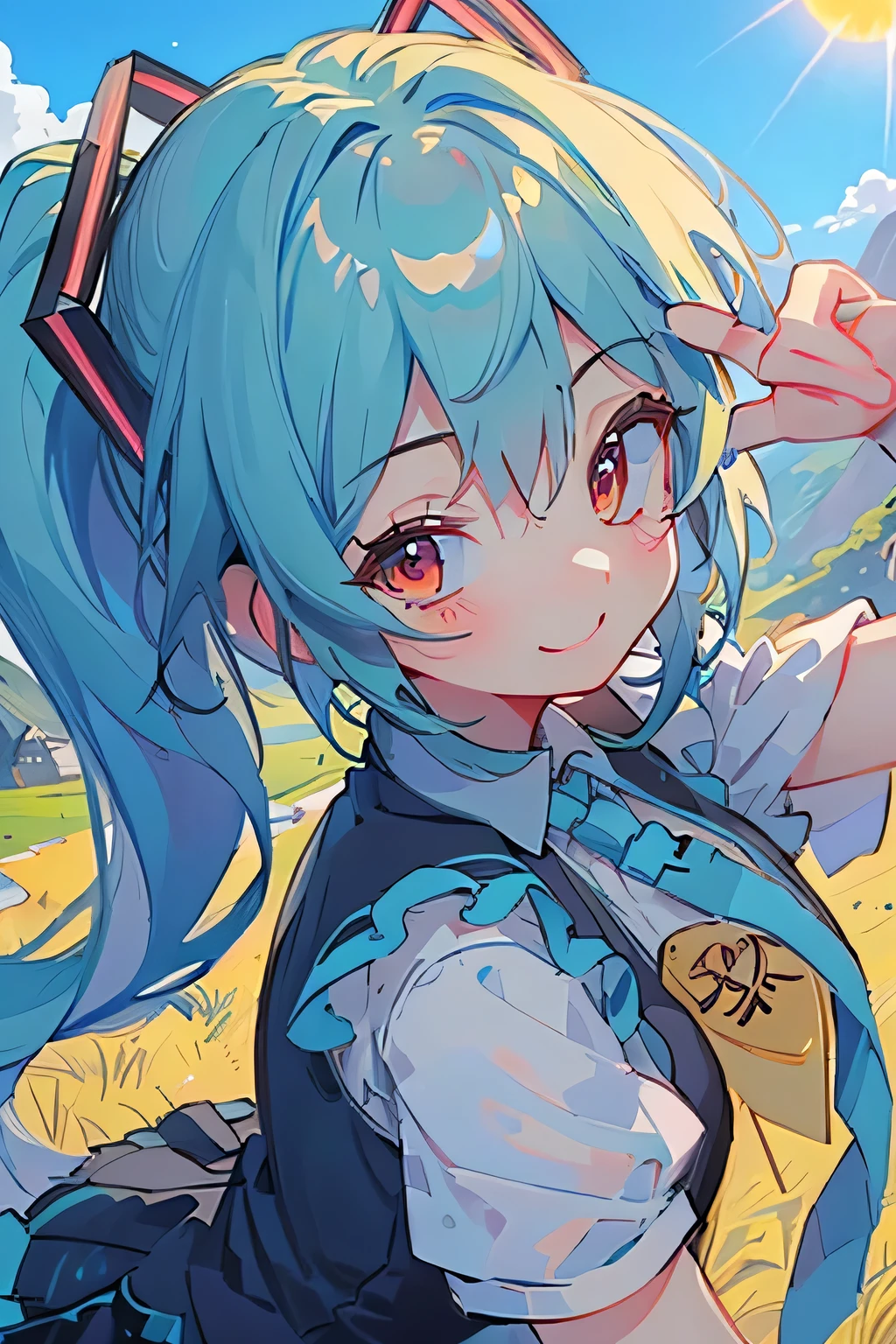 Best Quality、High resolution、Detailed Background]、Wide angle、(Every detail of a beautiful face:1.4)、Highly detailed face、Detailed red eyes、Anatomically correct、Normal number of fingers、 Beauty、Perfect body line、Light-colored hair、Braided bob cut、ponytail、cute hairstyle、Well-groomed eyebrows、JK uniform、Shiny Stockings、Jokingly、Machu Picchu Ruins、Mysterious atmosphere、 (Sun and blue sky in the background、Beautiful girl with a big smile:1.5)、 Lush Mountains々々Located in a beautiful place、、When the Sun Rises, The entire ruins shine in gold.、Yunshan々The river flows through this area、Enveloping the ruins.、cute、Hatsune Miku