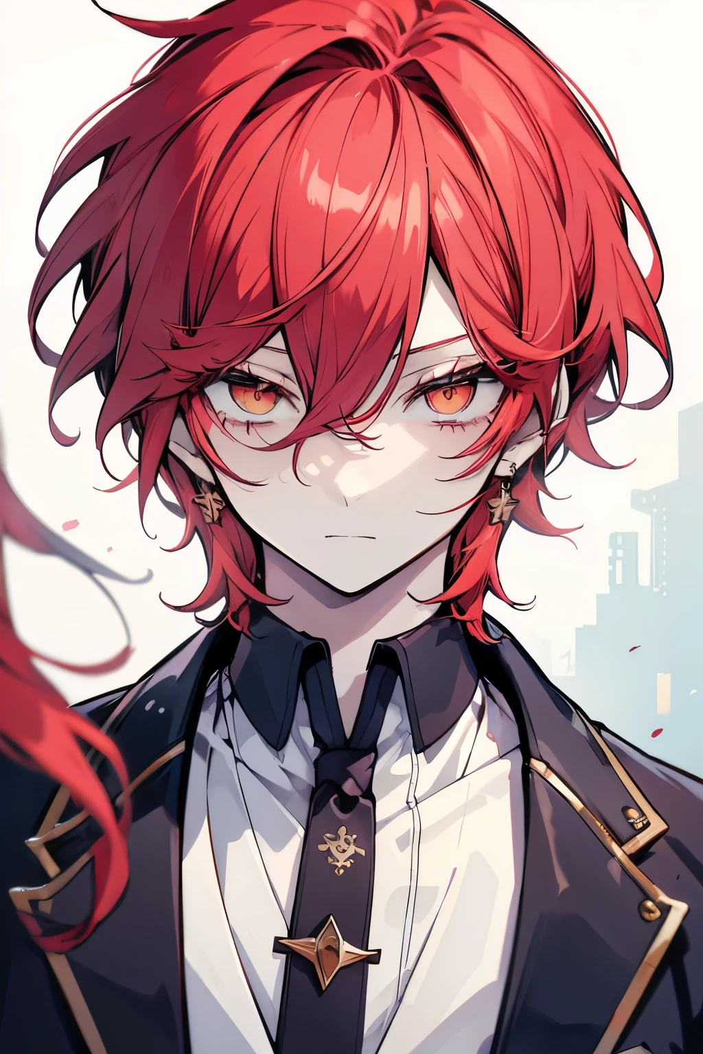 High resolution, Best Quality, masterpiece, Ultra-precision,Character Portrait,1人のmale性,(((male))), solo,(((adult))),Look at, Cool,Handsome,((Red Hair)),Two Block,((Golden Eyes)),Slanted Eyes,Long eyelashes,Slender figure,Tall,Simple Background,Concept Art, Asymmetrical hairstyles, Crystal-like hair, Parted bangs, Disheveled Hair, Hair behind ears, Very short hair, 