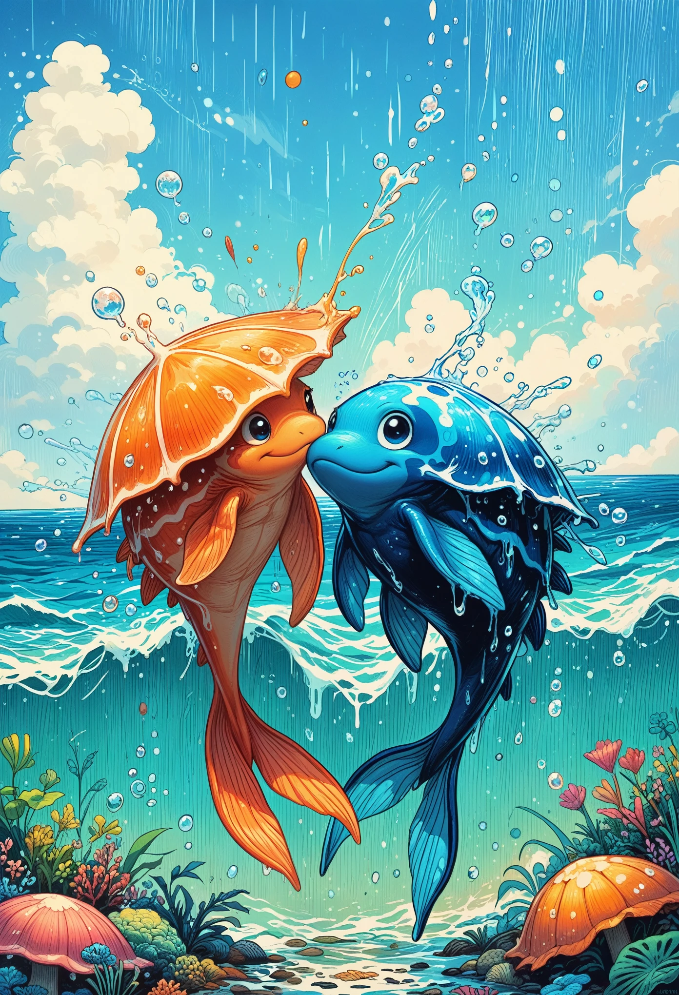 Create a 3D mascot featuring two round sea turtles circling each other with sea water, rainfall drops, color combination (deep blue, sky blue, white, and a touch of pink), Incorporate an art brush at the center between the turtles, oil paint drops on their shells. The background should be white to highlight this unique SeaArt.Ai creation, ensuring it’s a masterpiece with a distinct, non-copyrighted design. (unique, imaginative, creative, SeaArt-inspired)