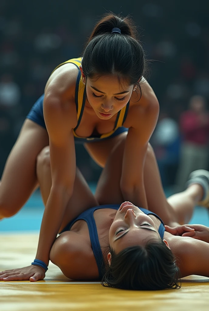 high quality,HD,16k,sharp lines,2 girl,Female freestyle wrestling athlete ,cute face, large breasts, nice legs,At the freestyle wrestling venue,focus girl,detailed beautiful face,detailed clothes,beautiful eyes,cool,dynamic angle,pinning each other on the ground in a close and intense fight on a mat, showing their submission hold techniques with a lot of sweat on their body 