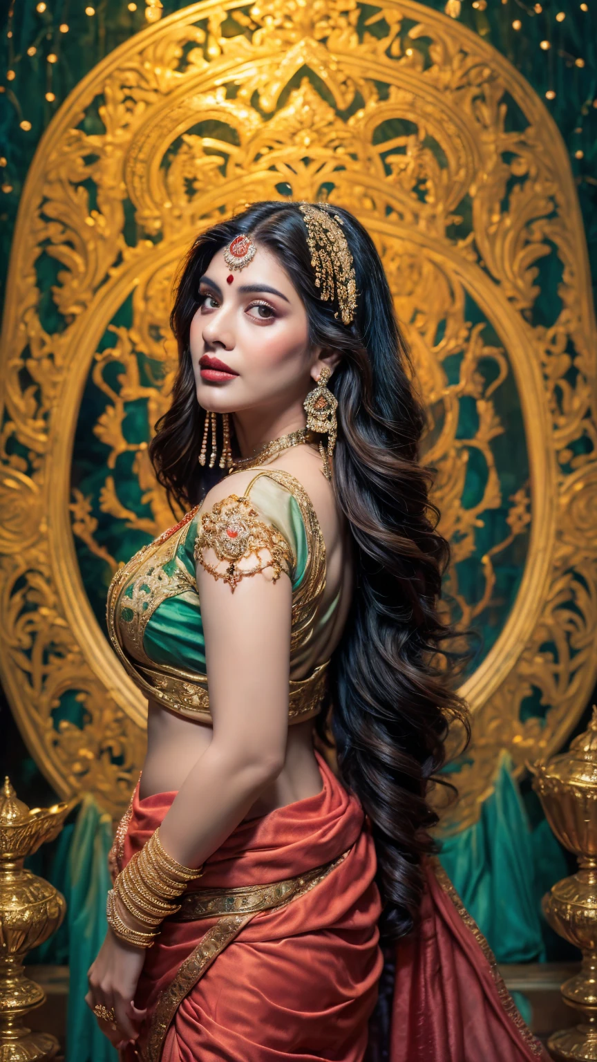 ((Best quality, 8k, Masterpiece :1.3)), Sharp focus :1.2, Generate a realistic image of a beautiful sexy Indian woman dressed in a white skirt and print bra, adorned with traditional ornaments, standing in a well-lit room with cinematic lighting. ((Front view, random elegant pose)), and there is a sense of grace and elegance in her posture. The background should complement the scene, enhancing the overall aesthetic appeal of the image. Photography by Brandon Woelfel, Full shot: Canon EF 16-35mm f/2.8L III USM lens on a Canon EOS 5D Mark IV camera, ultra realistic, 32k, HD