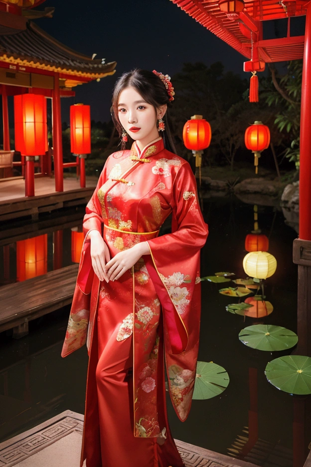 Realistic photography with bright colors and high resolution., professional photography, A beautiful young woman, posing, wearing red Chinese traditional dress under the full moonlight, house grounds with lotus lake and garden background, red lanterns