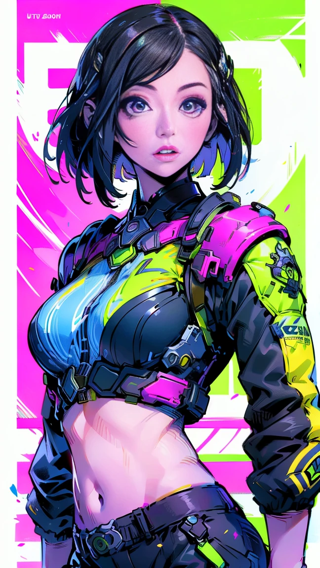 a young woman with short white hair, beautiful detailed eyes, beautiful detailed lips, extremely detailed face, long eyelashes, big breasts, wearing a crop-top jacket, jumping pose, detailed background, art book, magazine cover, highly detailed illustration, (best quality,4k,8k,highres,masterpiece:1.2),ultra-detailed,