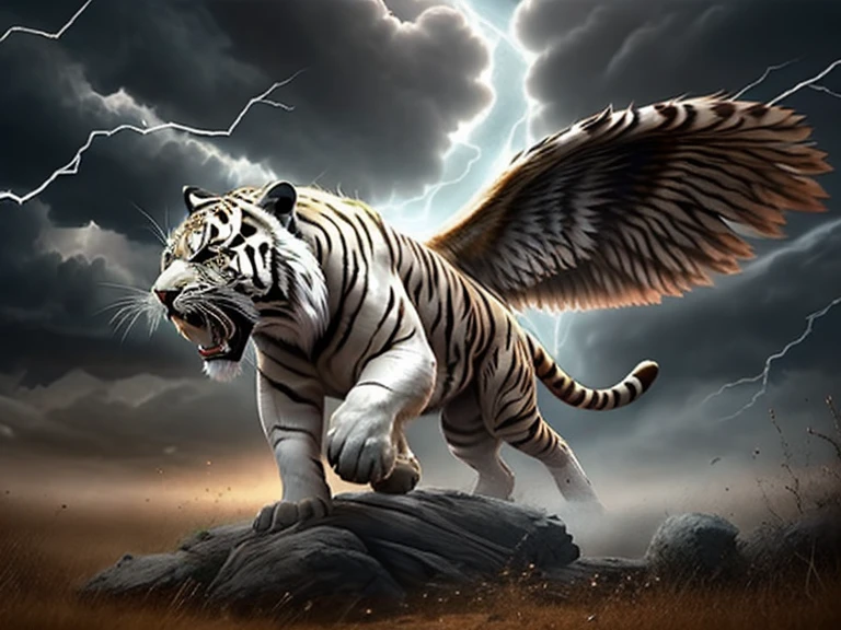 from side flying winged wild tiger barking thunder hyper extremely detailed cg highres masterpiece high quality serious artstyle
