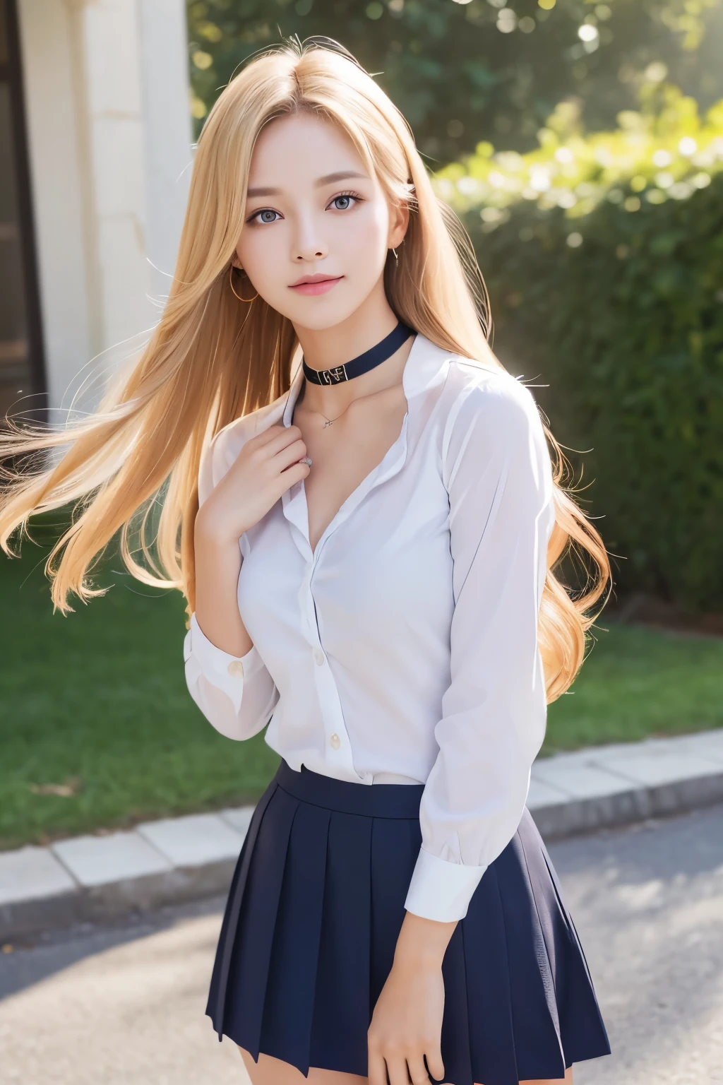 A smile、Raw photography、(((Portrait of extreme beauty)))、((glistning skin))、女の子1人、16 year old beautiful girl in Prague、bright expression、((platinum-blonde-hair))、[Big blue eyes that shine like jewels]、Glossy glossy skin、Silky long straight hair、eye liner、Beautiful bangs、Hair between the eyes、(Long sleeve cutter shirt:1.4)、((​masterpiece、top-quality、ultra-detailliert、Film Light、intricate-detail、hight resolution、ighly detailed))、细致背景、8KUHD、Digital SLR、Soft light、hightquality、Film grain、FujifilmXT3 、Shallow depth of field、natural soft light、Kamimei、（small tits:1.4)