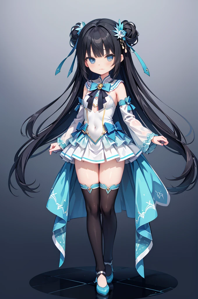 age16,Small breasts,slender, straight long hair,black hair , above one eye,Green sharp color Eyes, ((blue magical girl costume)),white skindentation leotard,white zettai_ryouiki,light blue pleated mini skirt,Removable sleeves,hair ornament,ribbon,strict,(masterpiece,Best image quality,Highest quality) ,full body