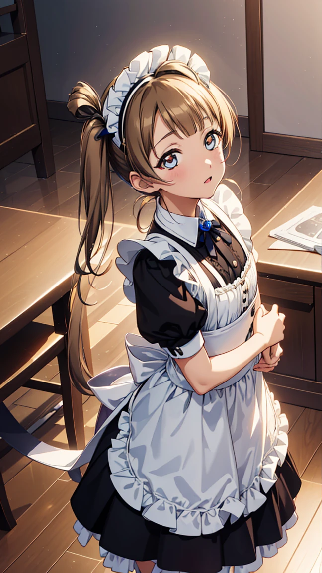 Minami Kotori, one side up, Hairband, Masterpiece quality, high resolution, unity 8k wallpaper, illustration, Delicate eyes, Rich facial details, Highly detailed CG, Glossy lips, Light makeup, maid, Short puff sleeves, small maid apron, Thigh high socks