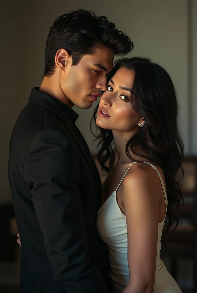 Beautiful lady in a red seductive gown, hugging a handsome billionaire in a tailored brown suit, exuding an aura of romantic passion and affluence. Her long, wavy dark hair cascades down her shoulders, framing her perfectly proportioned face with delicate features and highly detailed eyes. His suit elegantly accentuates his broad shoulders and slim waist, while their shared gaze conveys a deep, intimate connection. The background is blurred, drawing all attention to the couple, captured in the height of their fascination for one another. Photographed in a Canon EOS R5, 50mm lens, F/2.8, nffsw, 8K wallpaper,