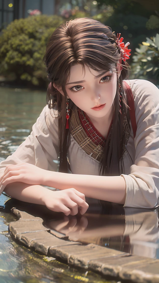 masterpiece,high quallity,highly detailed,1 girl,ancient chinese clothing,stand,by the pool,by the hot spring,mist,a dim light,close up,dudou,