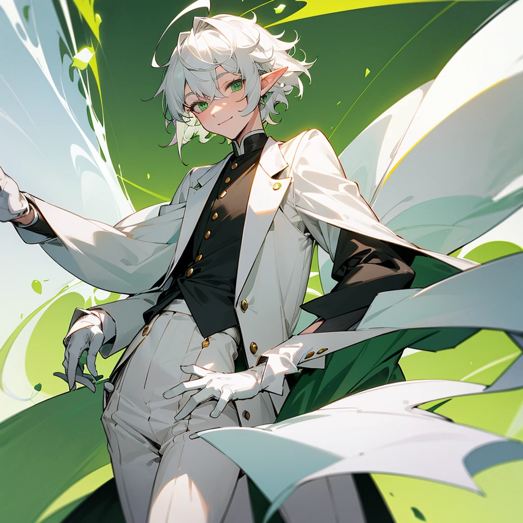 elf, male, silver hair,short hair, medium cut, ahoge, curly hair, green eyes, fair skin, (Green accent White tailcoat), (silk hat), White gloves, cool mild Smile, museum director, standing, (Solo)