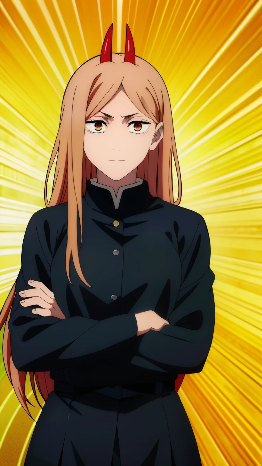 (high-quality, breathtaking),(expressive eyes, perfect face) 1girl, female, solo, ager, pink hair, yellow and red eye color, long hair length, looking at viewer, half body, bright smile, kind face, cheerful expression, red sharp horns, anime shark teeth, dark black blue long sleeved shirt, collared shirt, dark black blue pants, jujutsu kaisen uniform, jujutsu high school uniform, flowy hair, feminine face, long straight hair, grey background, portrait, small sunflower, stylized hairstyle, Power from chainsaw man inspired