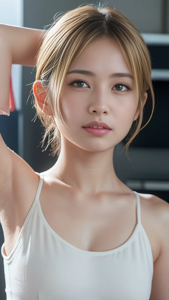 Beautiful Thailand girl, ((top quality, 8k, masterpiece:1.3)), wet white shirt , sleeveless , pretty , short hair, 1 girl, medium breasts:1.1, wet face, slender figure:1.1, elastic blonde hair, grey background  , wet body, wet white clothes:1.1), very detailed face, detailed lips, detailed eyes, double eyelids