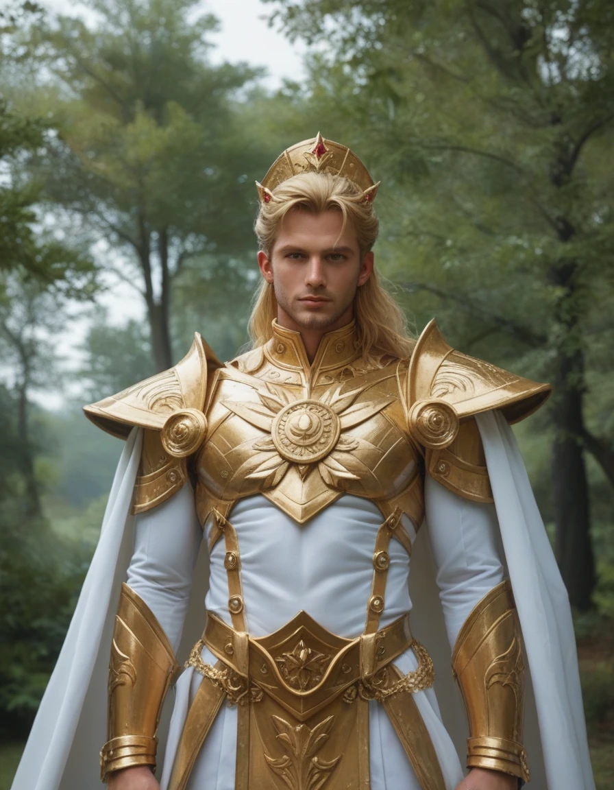 young man in a golden armor  standing in a field with trees, unreal engine render saint seiya, saint seiya, knights of zodiac man, the sailor galaxia. beautiful, gilgamesh, the god emperor of mankind, a massive celestial giant god, angelic golden armor, emperor of the known universe, gold gates of heaven!!!!!!!!, golden shoulder pads