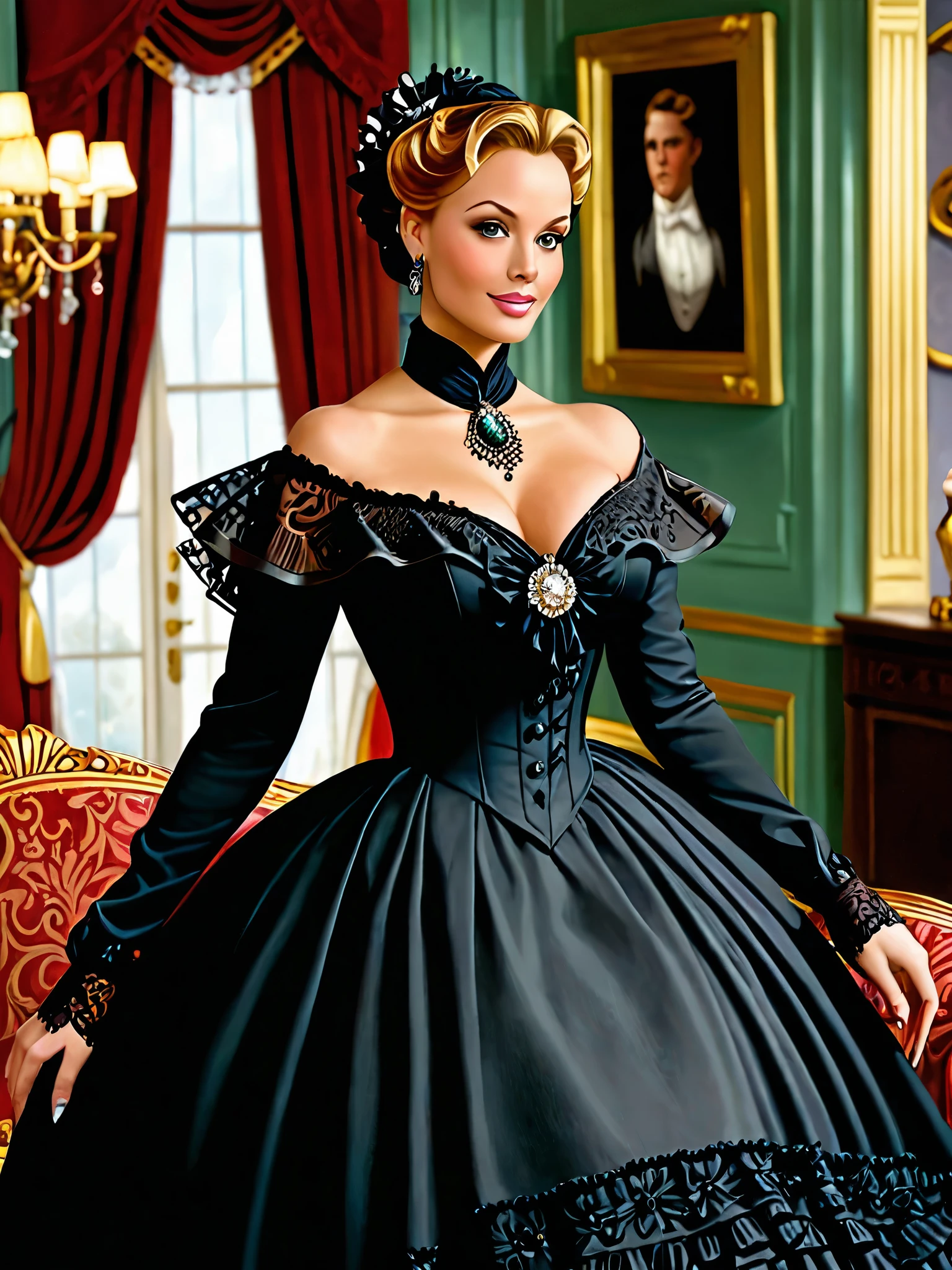 A beautiful Aristacrat woman with large elegant, hawk-like-nose, who embodies old fashioned class, sophistication, elgance as well as wholesome, natural beauty. curvy, thin-waist, wide-hips, swaying-hips. Laura Vandervoort. Oppulent historically accurate black victorian dress. Greg Rutkowski, Thomas Kinkade
Solo, Den Betrachter ansehend, Lächeln, Offener Mund, Rote Haare, Große Brüste, Ohrringe, Kristallohrringe,