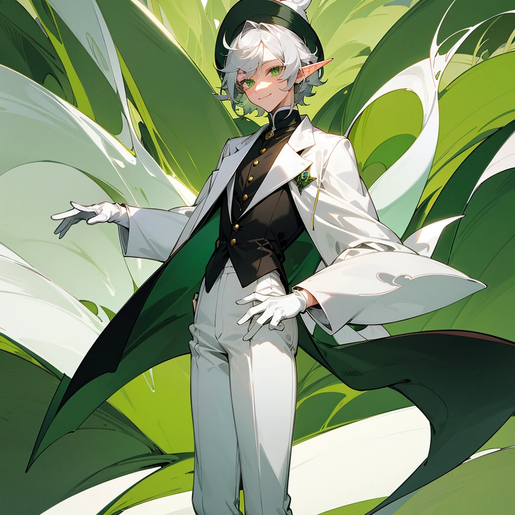 elf, male, silver hair,short hair, medium cut, curly hair, green eyes, fair skin, (Green accent White tailcoat), (silk hat), White gloves, cool mild Smile, museum director, standing, (Solo)