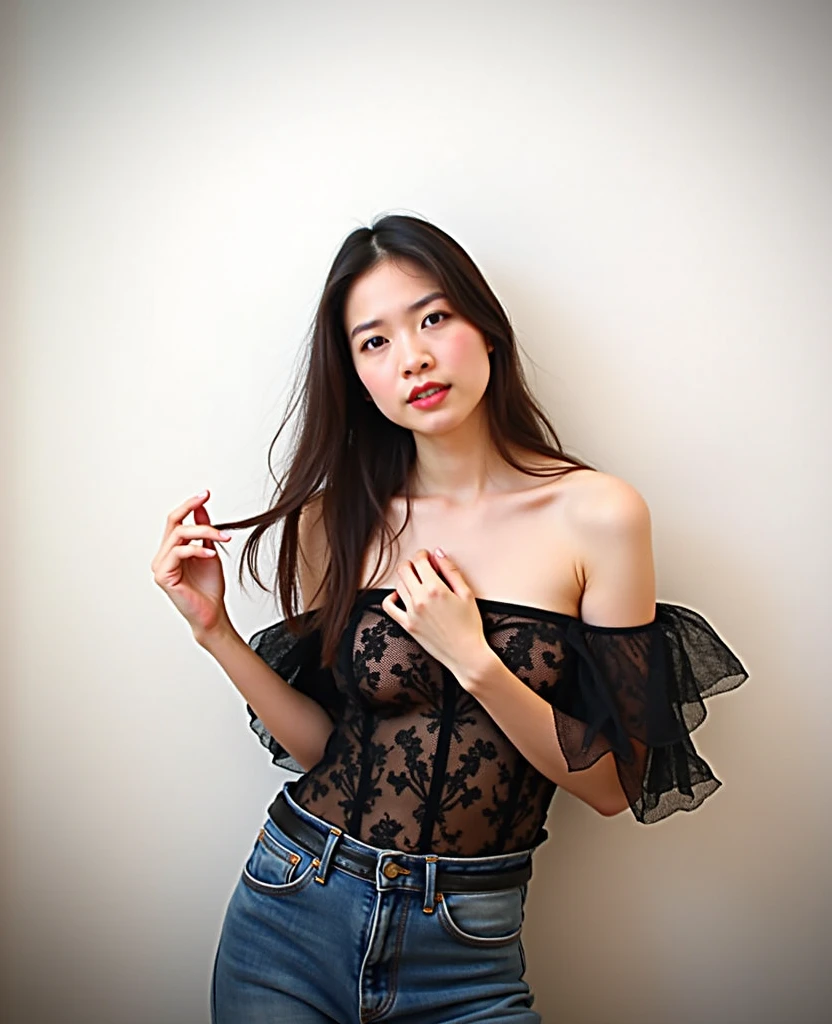 One super slender beautiful woman、((best qualtiy、8k masterpieces:1.3))、foco nítido:1.2、(ultra beautiful faces:1.0)、(shinny skin:1.0)、photos realistic、A dark-haired、Video Lighting、High-definition eyes and face、happy Smile、Slender Beauty、moderately torn abdominal muscles, small tits, Whole body、wearing ruby printed lace lingerie 、(((showing off nipples, slipping bra, licking boy penis))), having sex with one boy in kitchen , nsfw, wearing earrings, leather tight belt, silk scarf