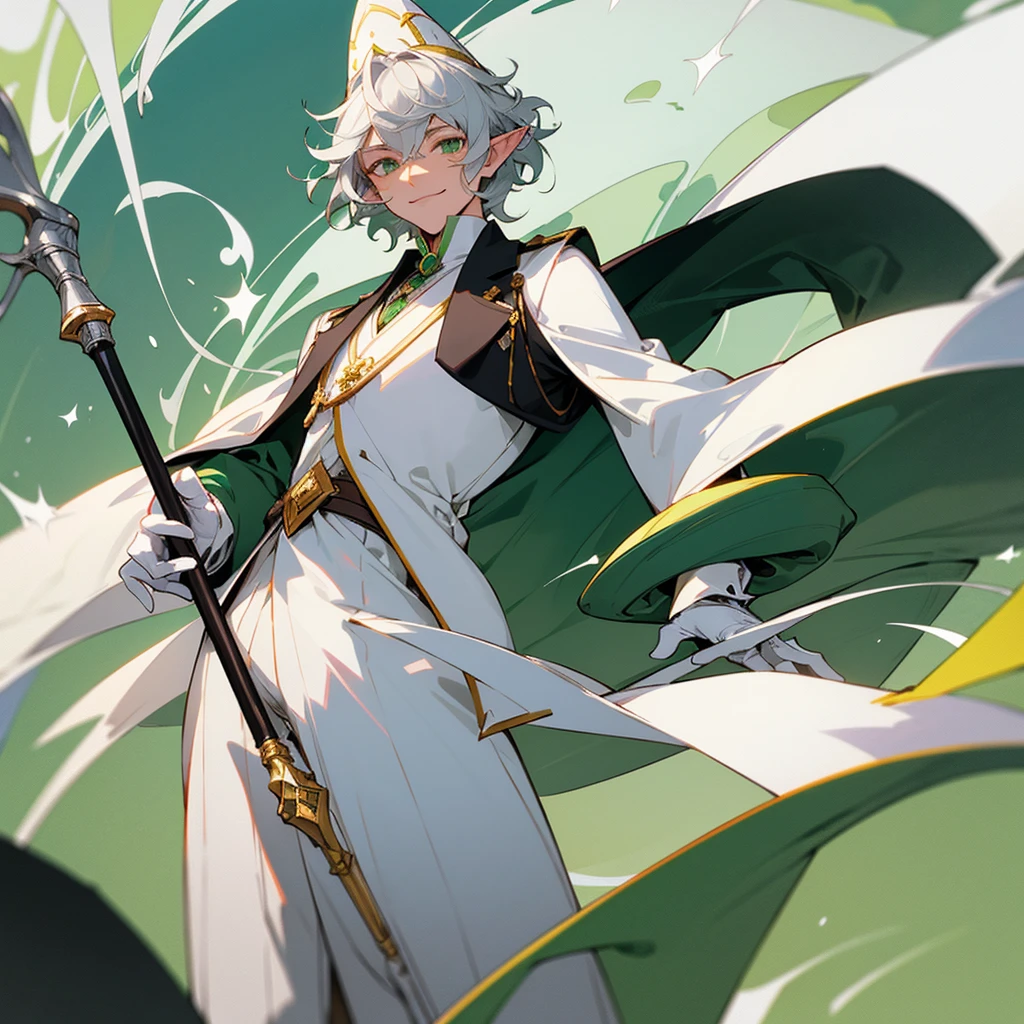 elf, male, silver hair,short hair, medium cut, curly hair, green eyes, fair skin, (Green accent White tailcoat), (wizard silk hat), White gloves, with a staff, cool mild Smile, museum director, standing, (Solo)