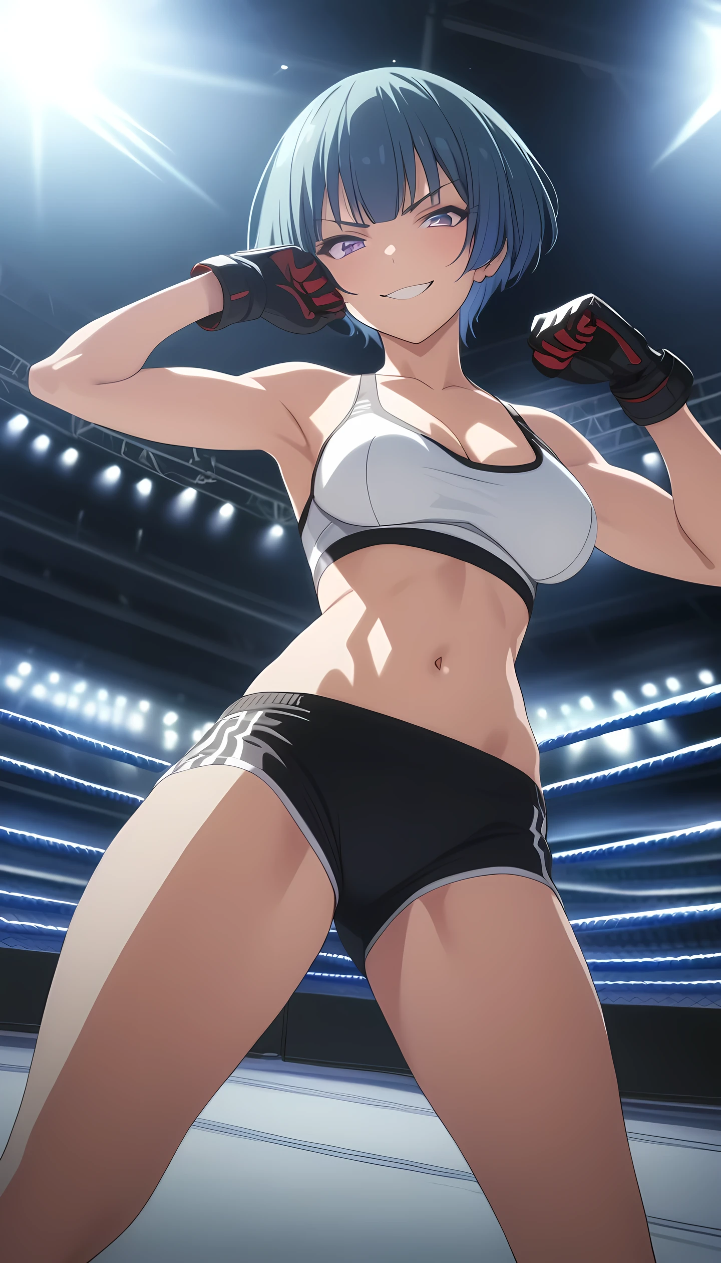 ibuki, 1girl, short hair, bangs, blue hair, purple eyes, medium breast, masterpiece, best quality, (wearing white sports bra:1.5, wearing black low-leg spats:1.5, wearing MMA gloves:1.3, navel, cleavage, bare legs), (on MMA Arena :1.5), smirk, Toned stomach, looking at viewer,stage lighting, Ultra HD,Detailed eyes, Detailed iris, Detailed face, cowboy shot, anime screencap, realistic background, victory pose, from below,