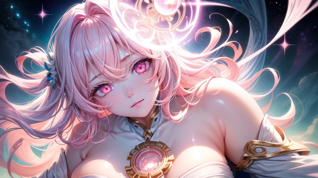super high image, super detail, super high resolution, anime, manga, illustration, Japanese beautiful elf, glossy french braid hair, sparkling shocking pink big eyes, red alluring moist thick lips, ecstatic expression, amorous expression, seductive look, large breasts, under boob, side boob, abs, great proportion, perfect proportion, slender, full body, tattoos, see-through lace robe, transparent, background fantasy, magic circle, give off rainbow and gold neon light many lines radially from floor and ceiling, professional lighting