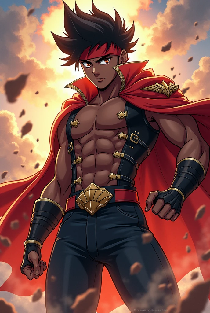 Genius warrior in red arabic clothes black vest black pants black bracelets with jewelry dark skinned boy brown hair blue eyes