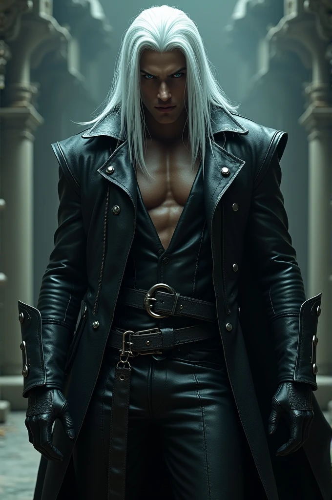 a 18 years man with long white hair, violet eyes, a rugged appearance, many scars on his body and face, nude, big cock, muscular physique, gritty expression, dramatic lighting, moody atmosphere, grungy texture, dark fantasy, cinematic style, chiaroscuro lighting, dramatic shadows, muted color palette
