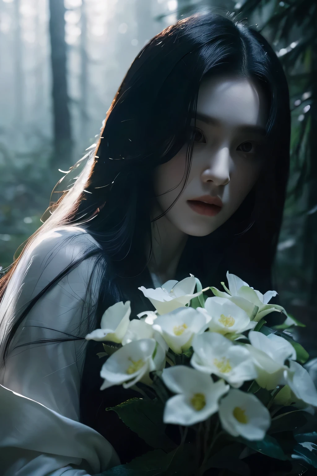 a ghost of a woman, long black hair, misty forest background, mystical feeling, pale white skin, white flowers, detailed portrait, highly detailed, photorealistic, cinematic lighting, dramatic shadows, moody atmosphere, fantasy art, creepy face