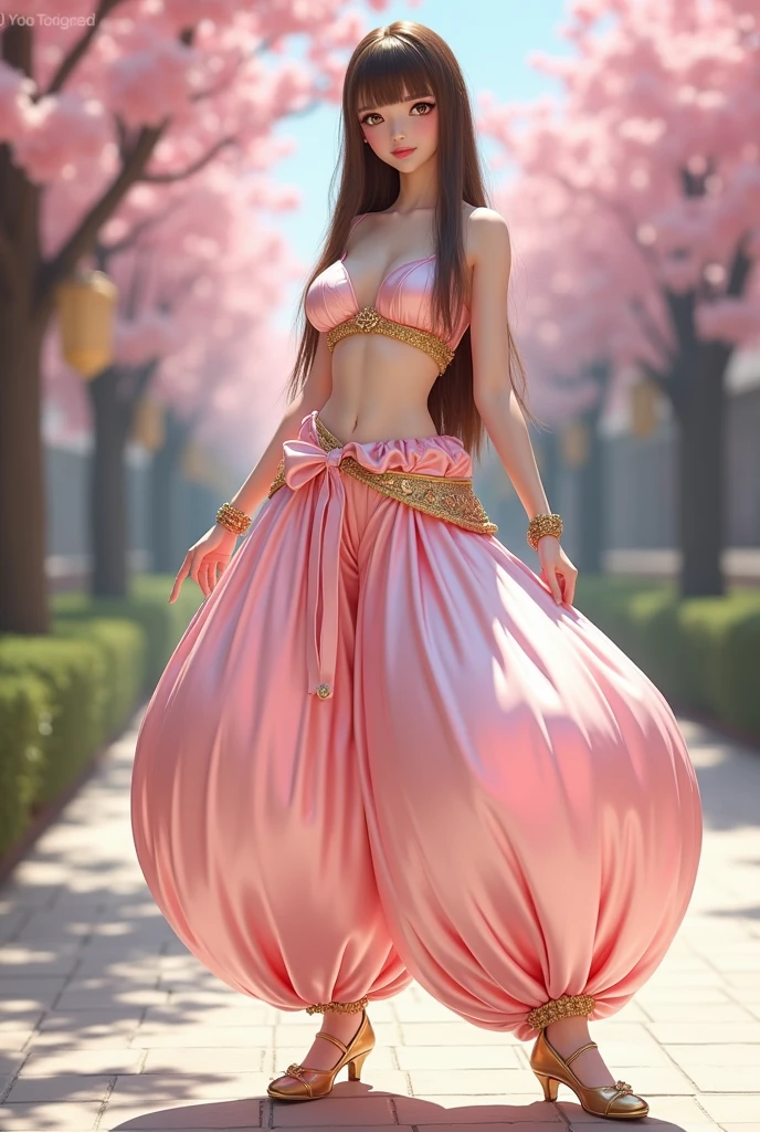 Pretty Japanese girl, solo, full body shot, brown eyes, brown long hair, straight hair, hime cut, blunt bangs, blunt tips, hourglass figure, gigantic cleavage breasts, J-Cup breasts, (Insanely huge gigantic breasts, ginormous breasts:1.6), wearing an Arabian princess outfit consisting of humongous inflatable satin princess Jasmine-style harem pantaloons with her belly button completely exposed, gold dance shoes, gold bracelets, and a simple satin strapless bra. The outfit is light pink and the pants are extremely puffy and completely round and completely spherical, (Best quality:1.3).