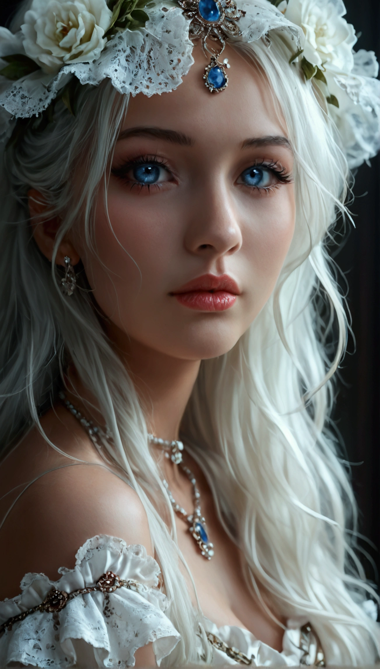 score_9, score_8_up, score_7_up, photorealistic, high resolution, soft lights, 1 woman, 2, solo, hips up, beautiful detailed eyes, beautiful detailed lips, extremely detailed eyes and face, long eyelashes, white hair, long hair, jewelry, gothic, frilled dress, photo-realistic, 8k, realistic, HDR, vivid colors, studio lighting, fine details, concept art