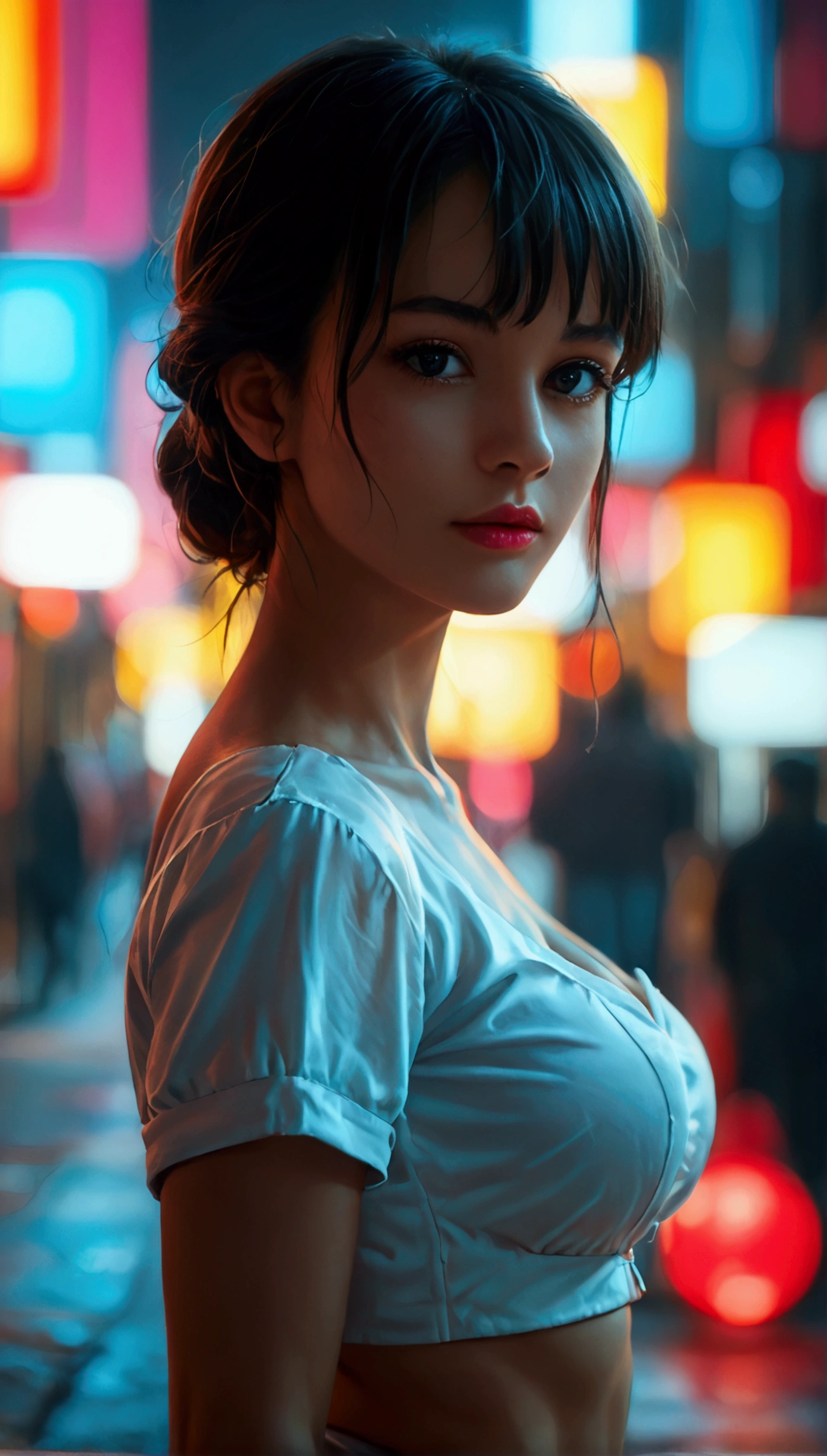 score_9, score_8_up, score_7_up, 1girl, beautifull face, beautifull eyes, fluffy long hair, medium breast, cleavage, black skirt, short skirt, white shirt, short sleeves, fullbody view, looking at viewer, on street, high detailed skin, detailed background, 8k uhd, dslr