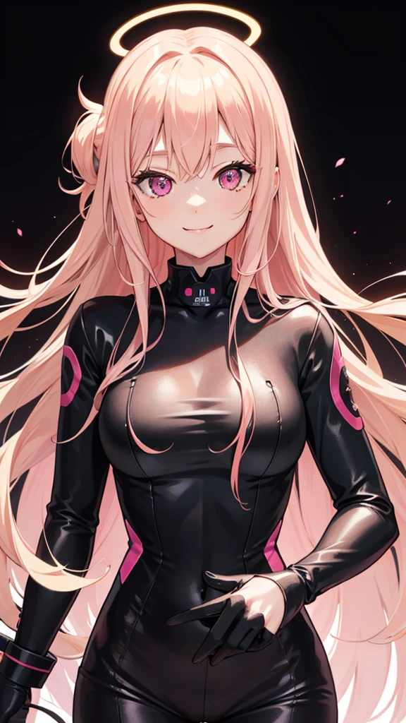 (((Adult woman))), pink eyes, long blonde hair, black-pink plug suit, smirk
