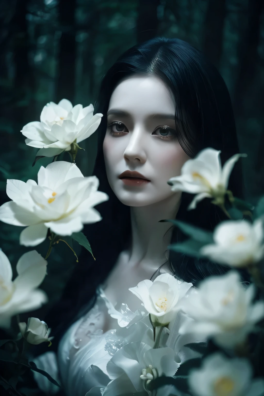 a ghost of a woman, long black hair, misty forest background, mystical feeling, pale white skin, white flowers, detailed portrait, highly detailed, photorealistic, cinematic lighting, dramatic shadows, moody atmosphere, fantasy art, creepy face