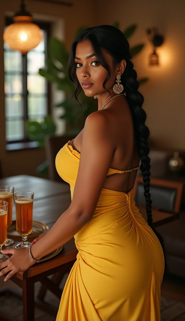 very hot sexy african girl, half naked boobs expose, Off-shoulder dress, Restaurant, vibrant