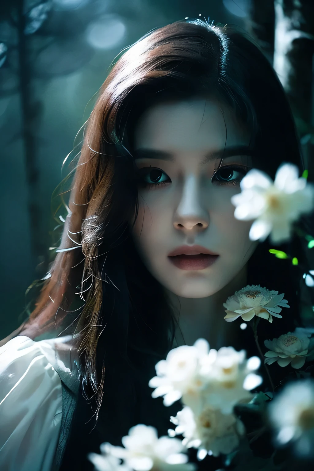 a ghost of a woman, long black hair, misty forest background, mystical feeling, pale white skin, white flowers, detailed portrait, highly detailed, photorealistic, cinematic lighting, dramatic shadows, moody atmosphere, fantasy art, creepy face