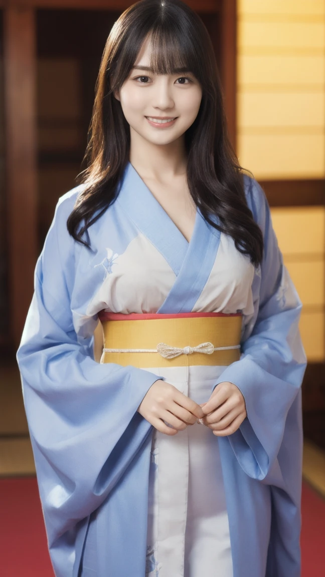 One Girl,(Wearing a long-sleeved kimono:1.2),(RAW Photos, Best Quality), (Realistic, photo-Realistic:1.4), masterpiece, Very delicate and beautiful, Very detailed, 2k wallpaper, wonderful, A smile like the sun, Very detailed CG unity 8k wallpaper, Very detailed, High resolution, Soft Light, Beautiful detailed girl, Very detailed eyes and face, Beautiful and sophisticated nose, Beautiful and sophisticated cinema lighting,Hall where the Coming of Age Ceremony is held,Perfect Anatomy,Slender body,(Long hair with bangs),  whole body:1.4, Coming of Age Day Commemoration.