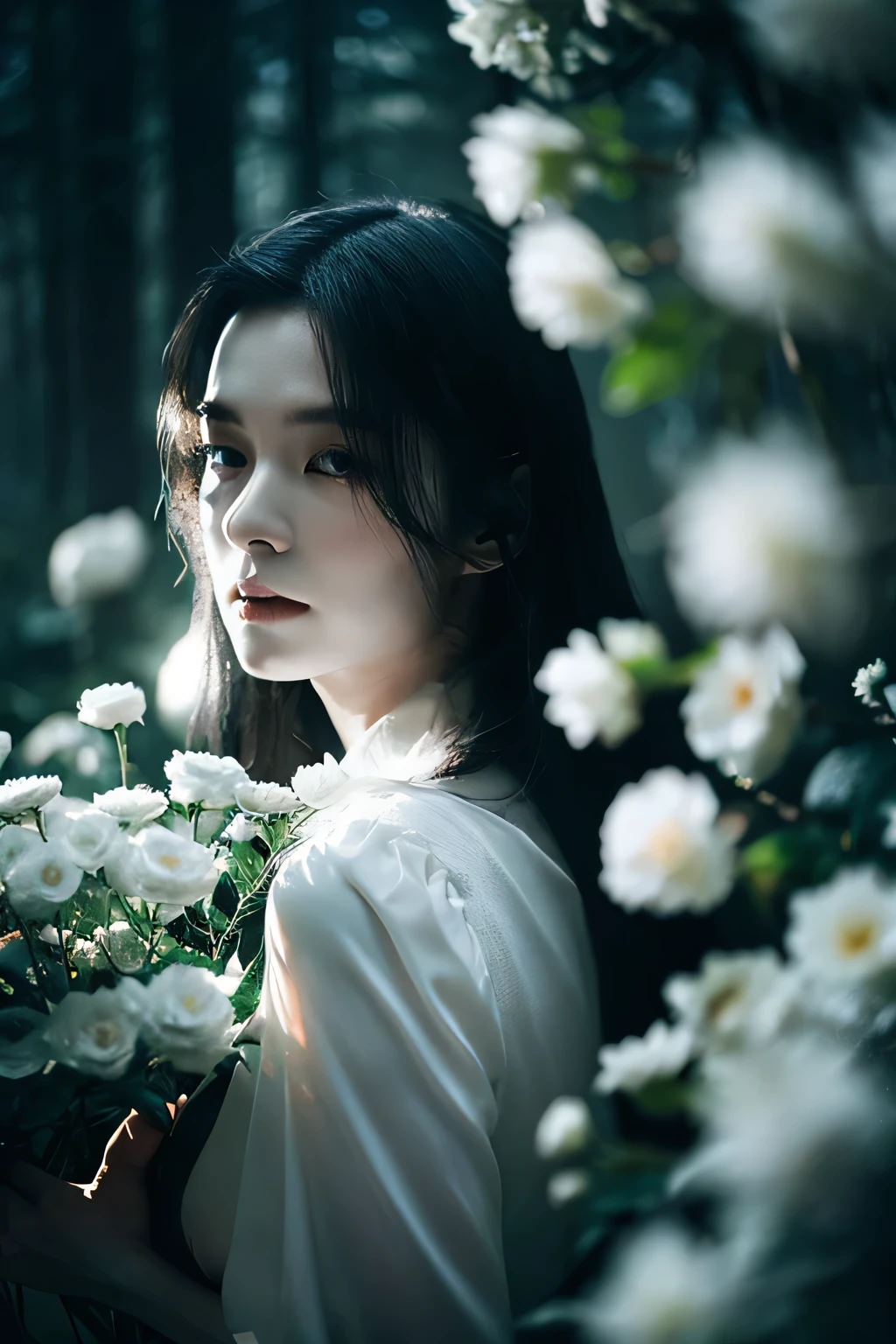 a ghost of a woman, long black hair, misty forest background, mystical feeling, pale white skin, white flowers, detailed portrait, highly detailed, photorealistic, cinematic lighting, dramatic shadows, moody atmosphere, fantasy art, creepy face