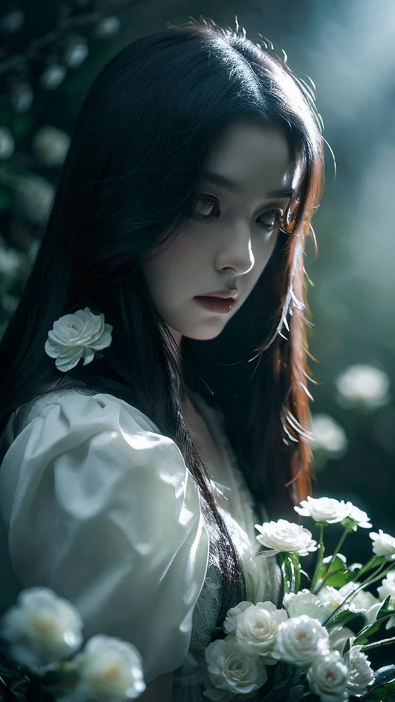 a ghost of a woman, long black hair, misty forest background, mystical feeling, pale white skin, white flowers, detailed portrait, highly detailed, photorealistic, cinematic lighting, dramatic shadows, moody atmosphere, fantasy art, creepy face