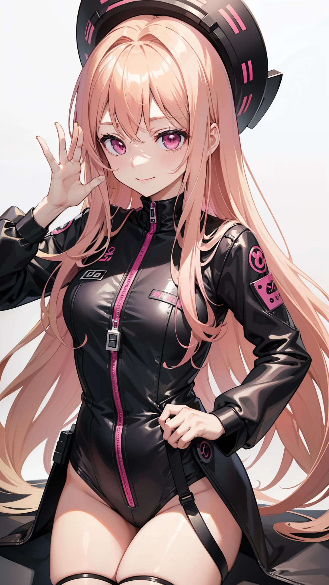 (((Adult woman))), ponytail blonde hair, (Pink eyes), black leather clothes