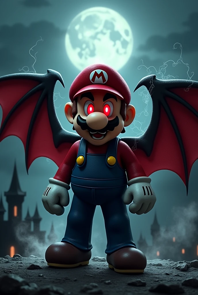 (ultra detailed)、Mario、Evil Face、Red glowing eyes、Muscles and clothes、horn、wing