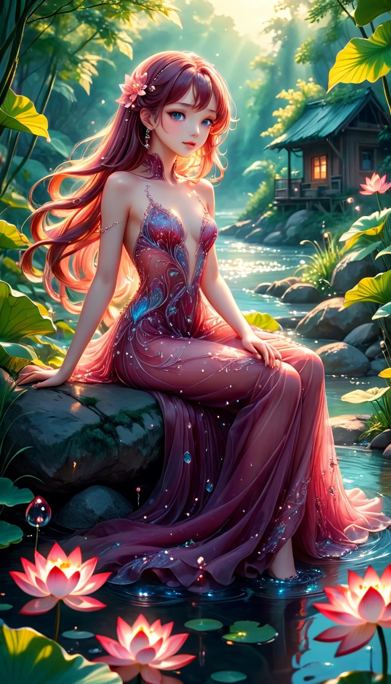 gorgeous red haired woman, pink see-through dress, leg-slit, deep v-neck, deep forest, wet and wild, waterfall, lily pads, lotus flowers, green eyes