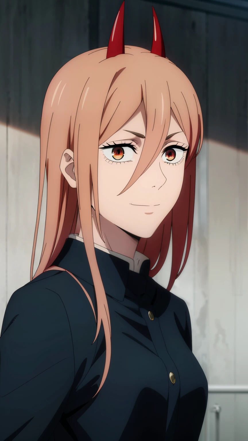 (high-quality, breathtaking),(expressive eyes, perfect face) 1girl, female, solo, teenager, pink hair, yellow and red eye color, long hair length, looking at viewer, half body, bright smile, kind face, cheerful expression, red sharp horns, anime shark teeth, dark black blue long sleeved shirt, collared shirt, dark black blue pants, jujutsu kaisen uniform, jujutsu high school uniform, flowy hair, feminine face, long straight hair, grey background, portrait, stylized hairstyle, Power from chainsaw man inspired, (vibrant light pink hair), powers eyes design