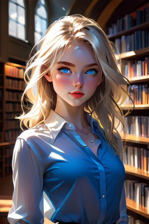 1 college girl; age 19; Slender, athletic; blonde hair; serious blue eyes with black pupils; attractive; fair skin; smirking; average bust; trending on artstation; complex volumetric lighting; strong shadows; artistic lighting; dynamic; energetic vibe; realistic skin; specular highlights; micro-textures; highly detailed hair; wearing a blue classy outfit; white blouse and silver jewellery; studying in a library