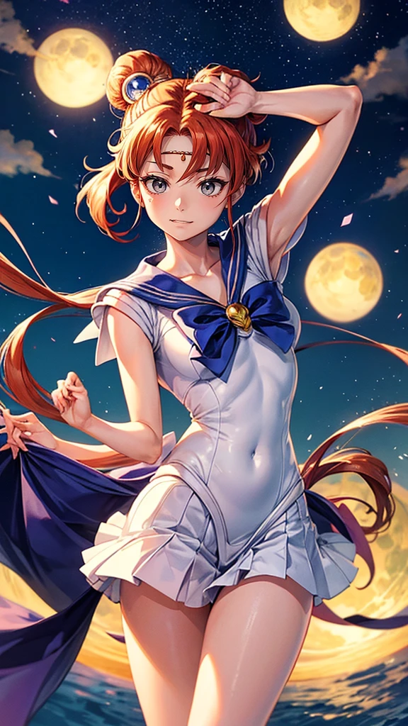Tabletop, Highest quality, High resolution, sv1, Sailor Warrior Uniform, Orange Skirt, ミニスカートから見えるWhite panties、Bikini pants、White shorts seen from the white shorts view、Elbow Groove, Tierra, Pleated skirt, Flip up a miniskirt, White panties、Beautiful panties Beautiful camel toe、Red Bow, Orange Choker, White gloves, jewelry, Starry Sky, Cool pose, smile, Portraiture, floating, moon, Upper Body