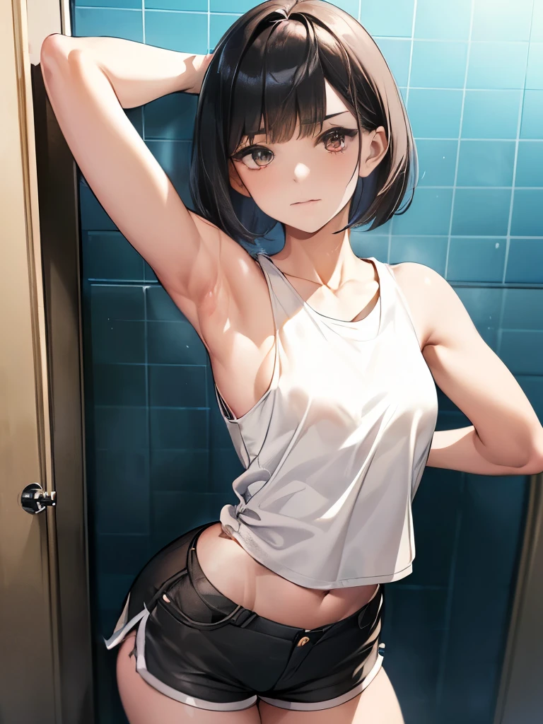1 female,Suguha Kirigaya,black short hair,(white sailor suit),short sleeved,covered nipples,croptop,gray low-rise micro pleated skirt,breasts,leanbody:1.5,