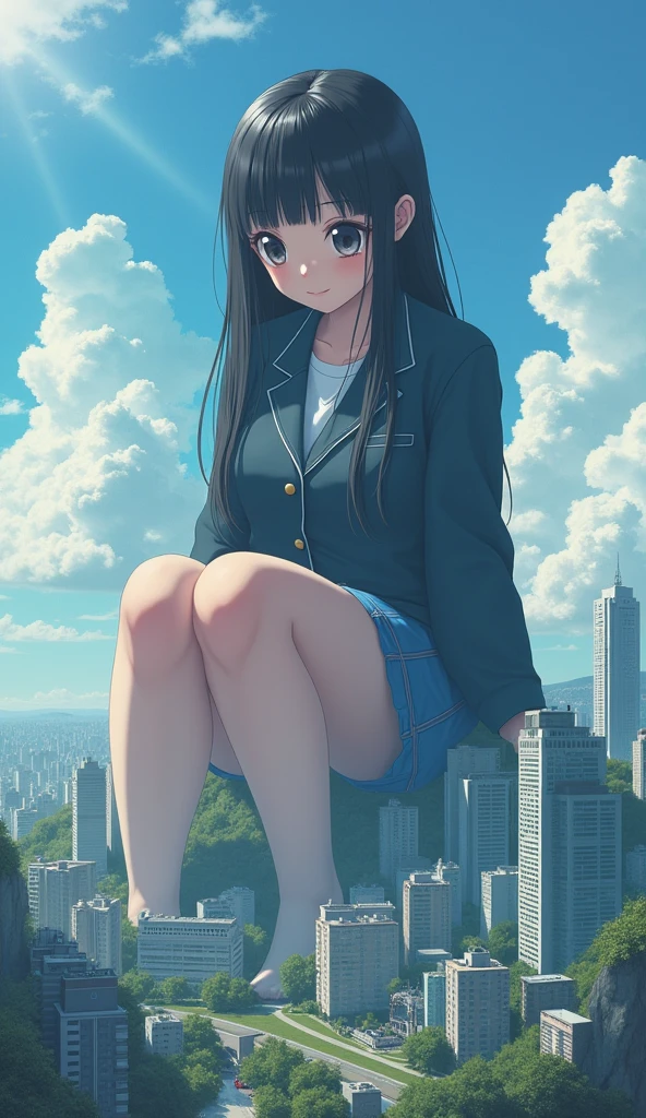 clear, high-definition image, (((she has curving body, round face))), drooping eyes, a receptionist woman, eyes realistic sizing, black cardigan, the wind brows up her miniskirt, windy, legs, big sky, ground, dark hour of down, whole body image, angle from below, posing, sitting stone bollard, along the river, buildings,