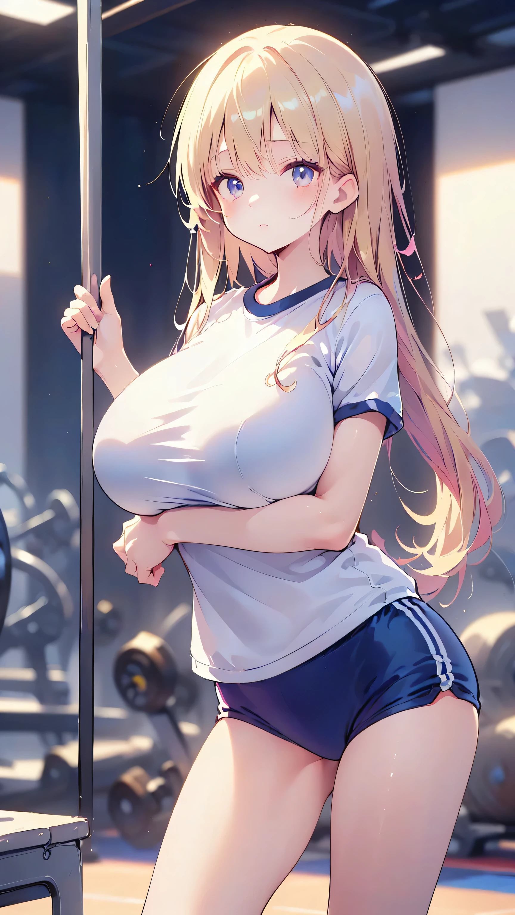 Ultra-high resolution, 8k,high quality,(((Extra low length,Skinny body)),cowboy shot , ((no hat:1.3))),Slender,Cute hairstyle,,(iridescent light,soft shadow,Anime Painting,thin line drawing),(((((super enormous cartoon-like breasts,Student gym clothes,Young,)))))Girl、Simple Background