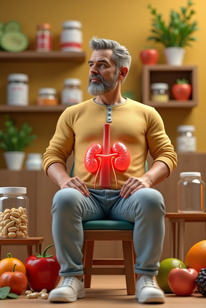 Plastic 3d model of 40 year big size old Man sit on chair side on pitcher human body kidney big size On Man
, on the background
of medical jars with vitamins and capsules,Fruits and vegetables
real light photo with yellow shades