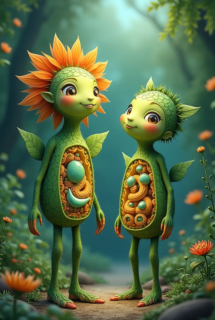 girl and boy as a plant, with plant like body happy and walking and white background