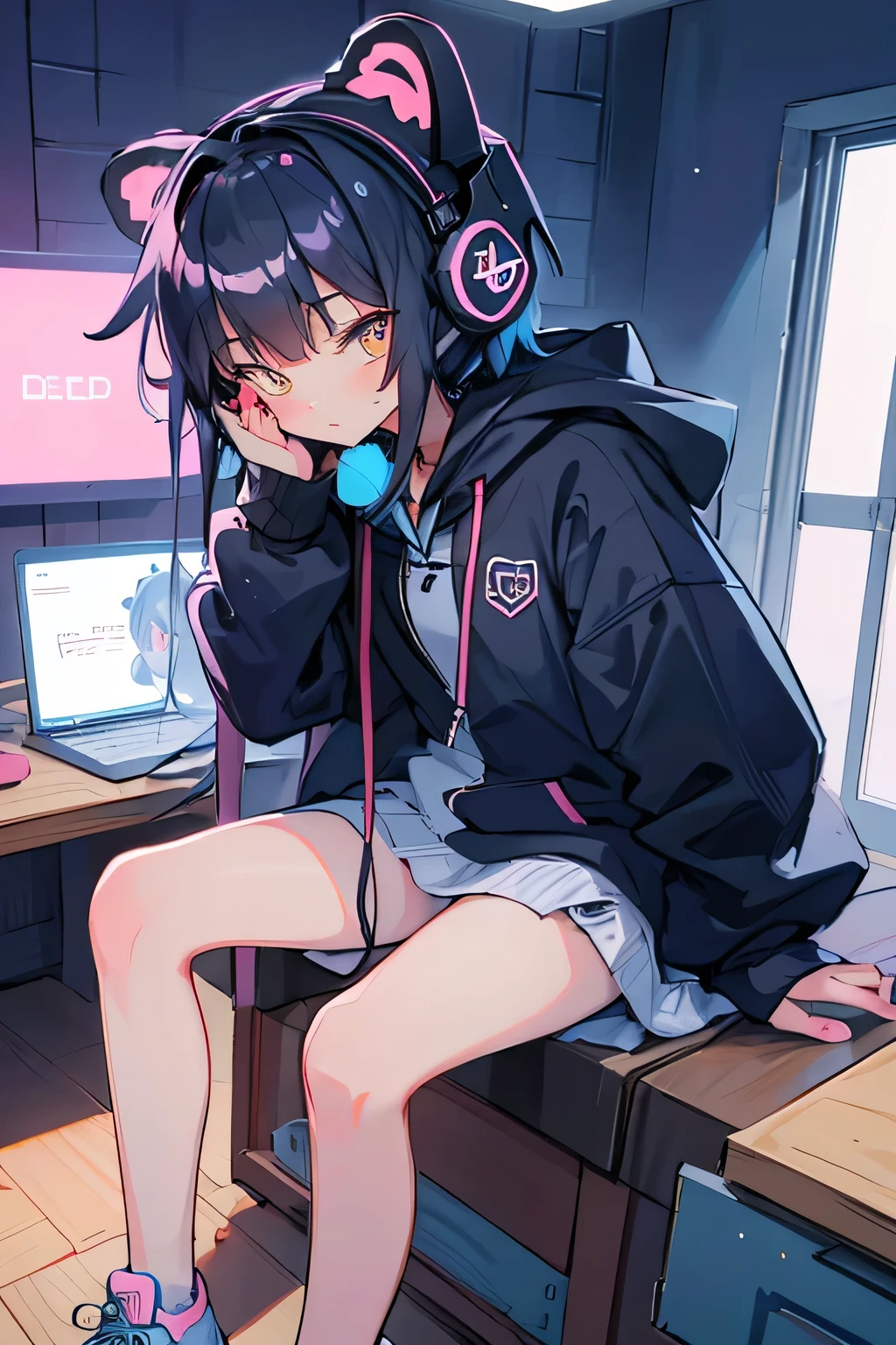 1 girl in, Girl sitting, Wear a hood with bear ears, Hooded hoodie, (Wearing headphones around your neck:1.3), head phone, kawaii, Holding the console with both hands, from the front side, inside in room, There is a study desk and dresser behind the bed.., top-quality, masutepiece, high-level image quality, (２Book Legs:1.2)