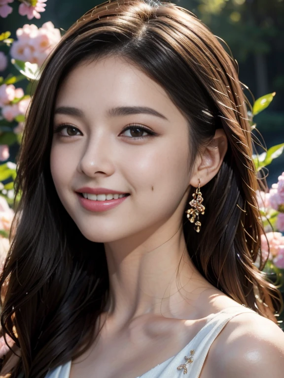 (best quality), (masterpiece), a portrait of a stunning smiling Venus striking a captivating pose, and background is black empty space and full of beauty flowers. (elegant:1.3), (detailed features:1.2), (vibrant colors:1.1), (soft lighting:1.2), (graceful:1.2), (feminine:1.1), (high resolution:1.2)