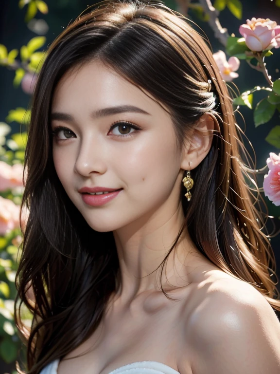 (best quality), (masterpiece), a portrait of a stunning smiling Venus striking a captivating pose, and background is black empty space and full of beauty flowers. (elegant:1.3), (detailed features:1.2), (vibrant colors:1.1), (soft lighting:1.2), (graceful:1.2), (feminine:1.1), (high resolution:1.2)